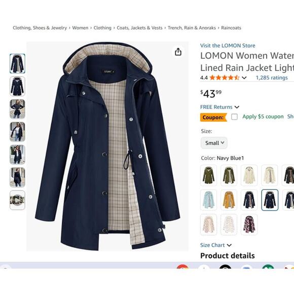 LOMON Women's Waterproof Hooded Raincoat - Navy Blue XL - Picture 8 of 8